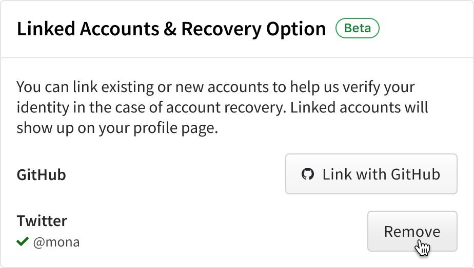 Screenshot of linking from Account Setting with a cursor hovering over remove button